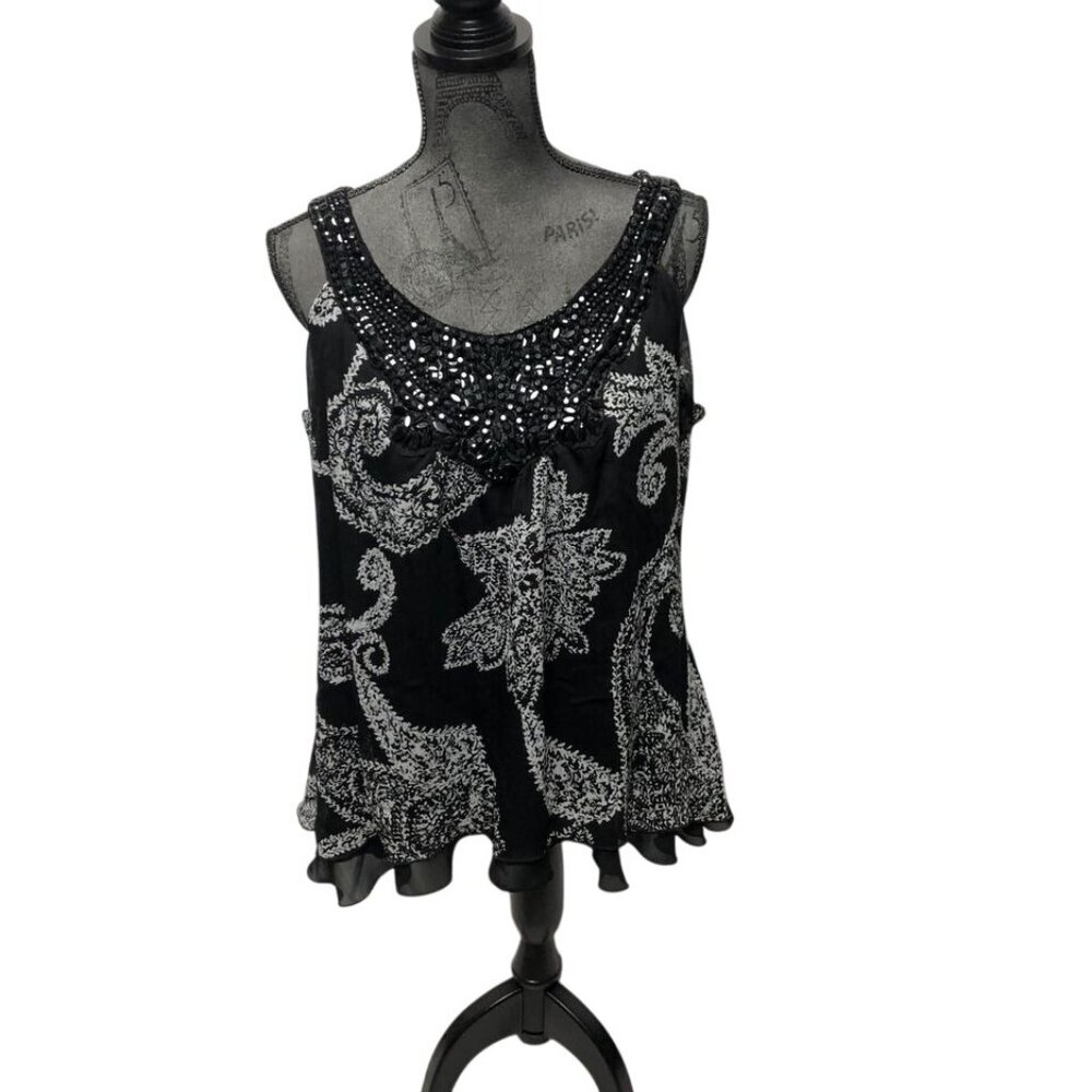 Studio Y Blouse Womens Size Large Black White Beaded Neckline Layered Sleeveless